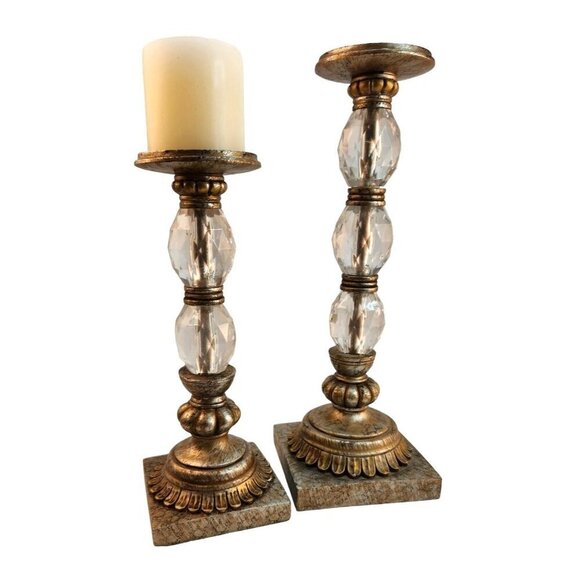 Set Of 2  Gold & Acrylic Crystal Candle Holders With Ornate Resin Bases 12 & 15 - Picture 3 of 14